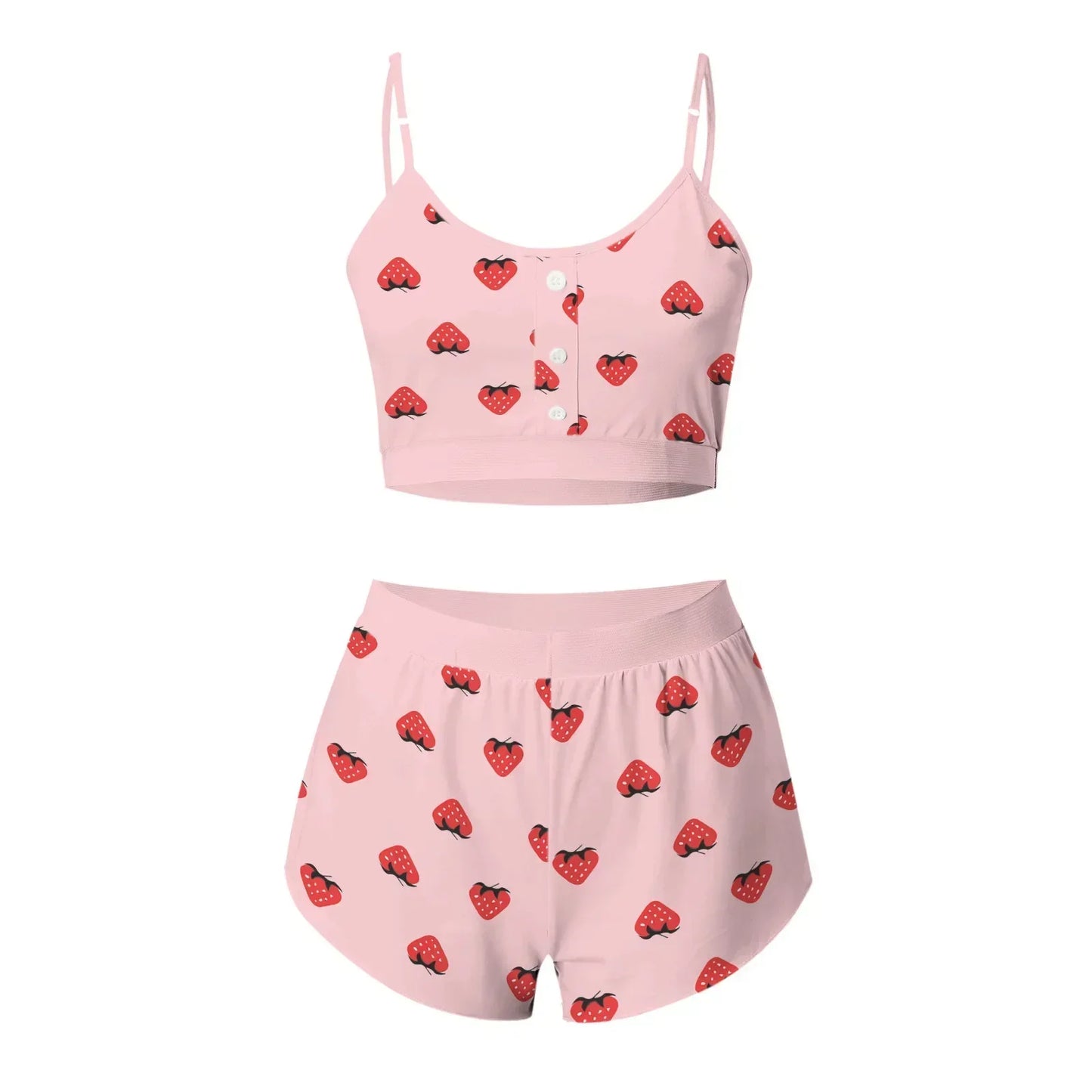 Damen Zweiteiler in Rosa mit Erdbeer-Print, bestehend aus Trägertop mit Knopfleiste und passenden Shorts.