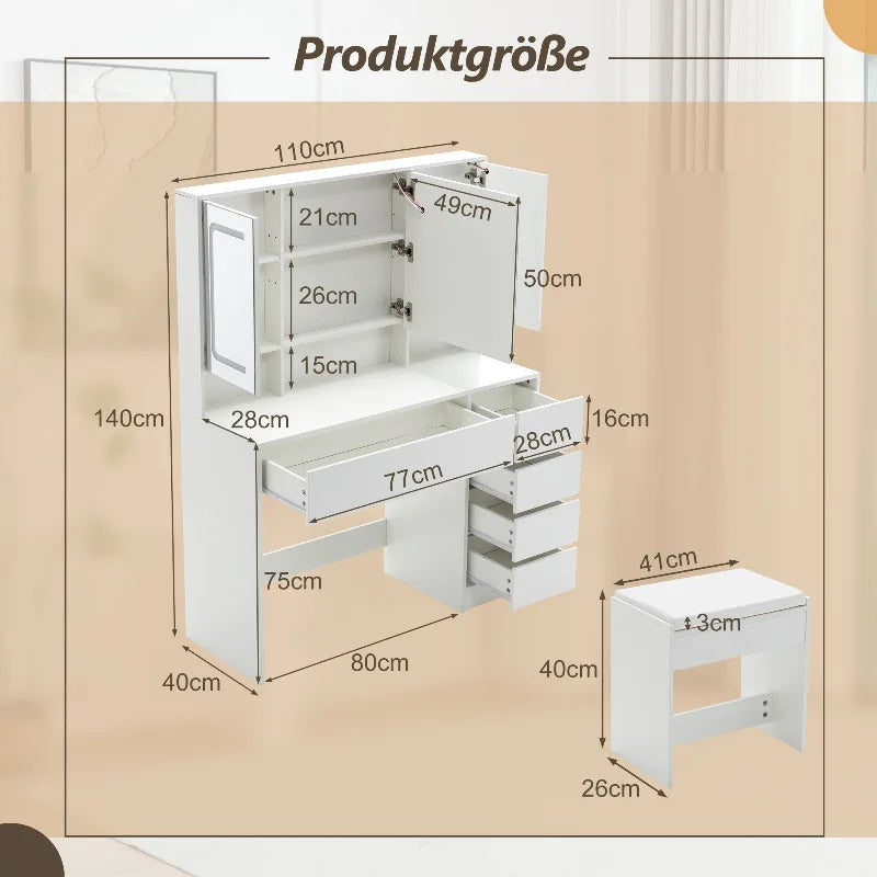 Technische Darstellung des Schminktisches mit Maßen und Größenangaben.