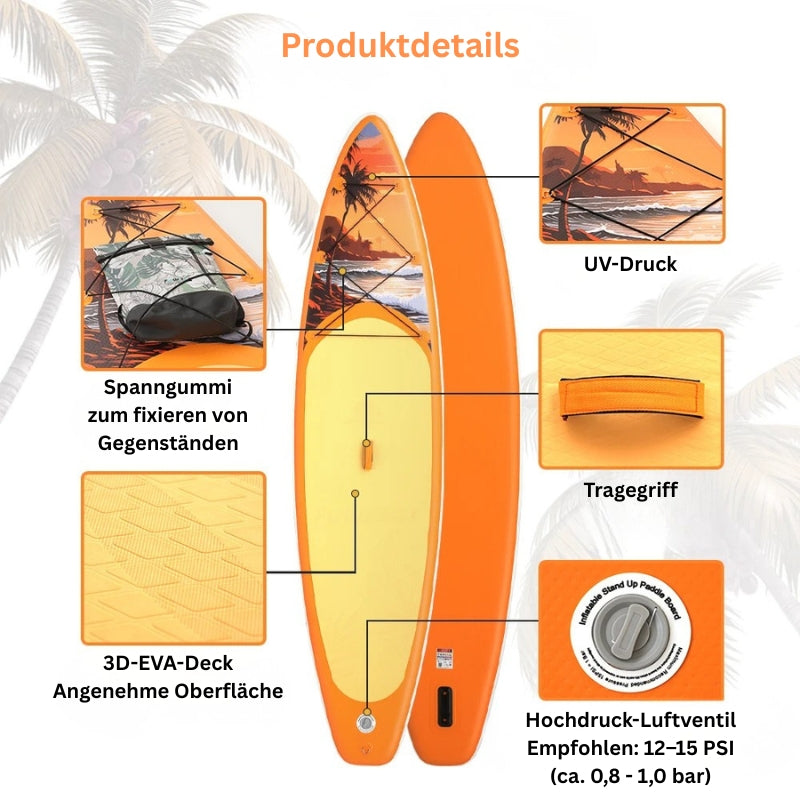 Produktdetails eines Stand-Up-Paddle Boards mit UV-Druck, EVA-Deck und Zubehörübersicht.