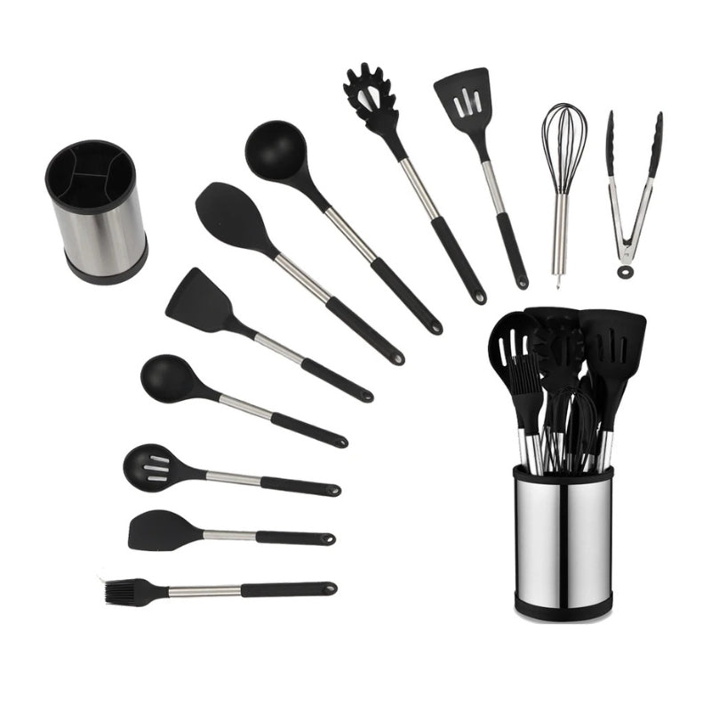 Komplettes 12-teiliges Silikon Küchenutensilien Set mit allen Teilen und Halter