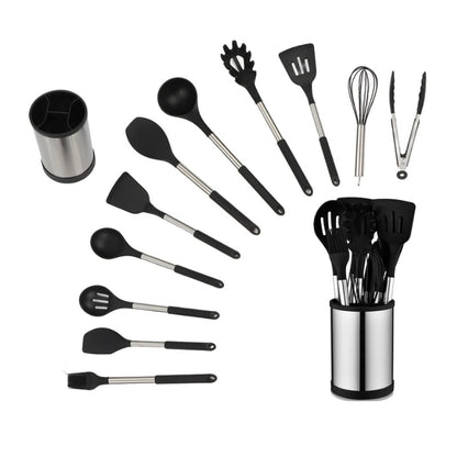 Komplettes 12-teiliges Silikon Küchenutensilien Set mit allen Teilen und Halter