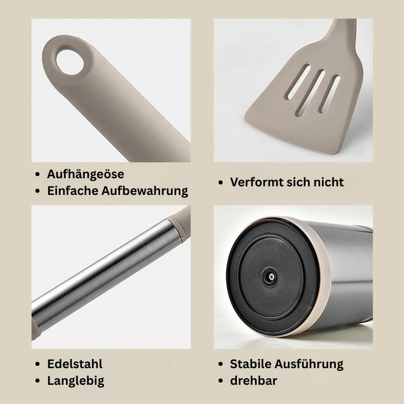 Detailansicht des 12-teiligen Silikon Küchenutensilien Sets mit Edelstahlgriffen und Aufhängung