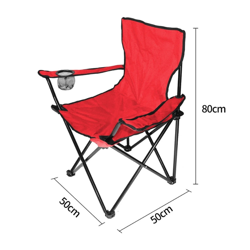 Roter Camping-Klappstuhl mit Getränkehalter und kompakten Maßen von 50 x 50 x 80 cm.