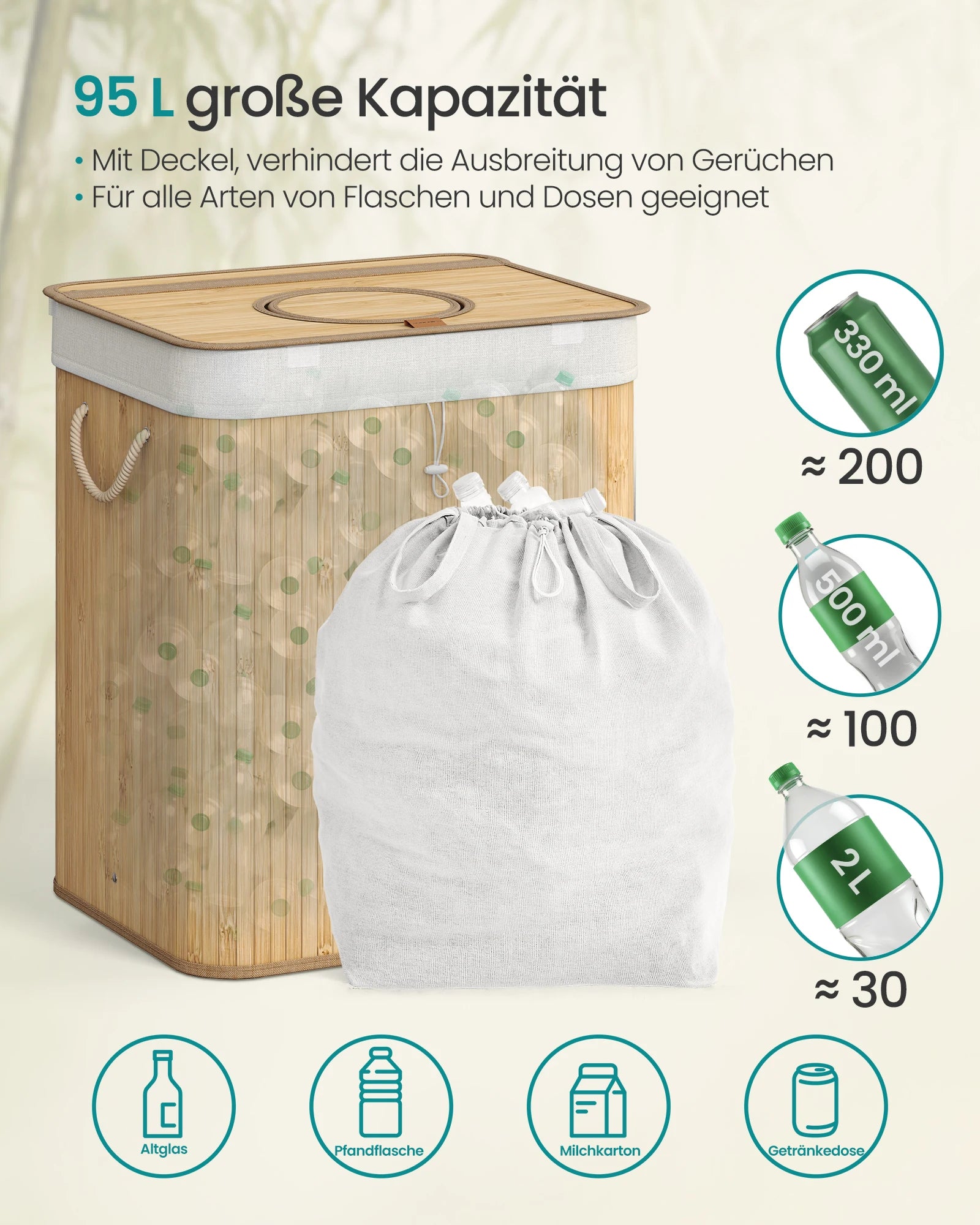 Infografik zur 95-Liter-Kapazität: geeignet für Flaschen und Dosen, z. B. ca. 200 Dosen, 100 Flaschen oder 30 große Flaschen