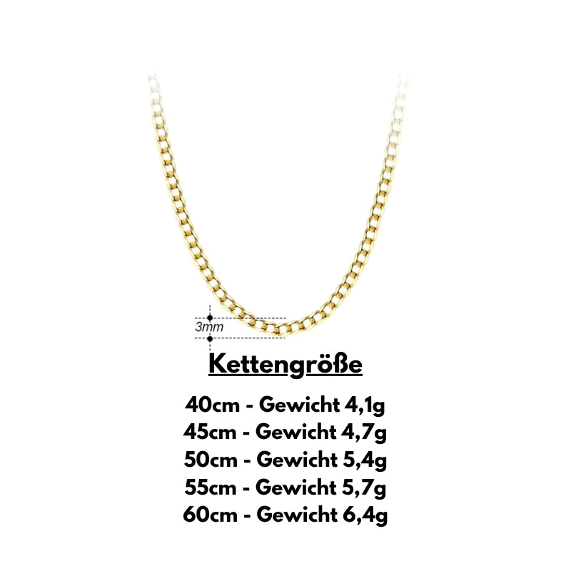 Größentabelle für Panzerketten 3 mm in Gold und Silber mit Längen von 40 cm bis 60 cm