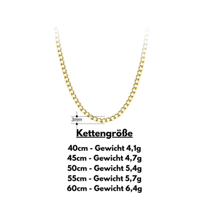 Größentabelle für Panzerketten 3 mm in Gold und Silber mit Längen von 40 cm bis 60 cm
