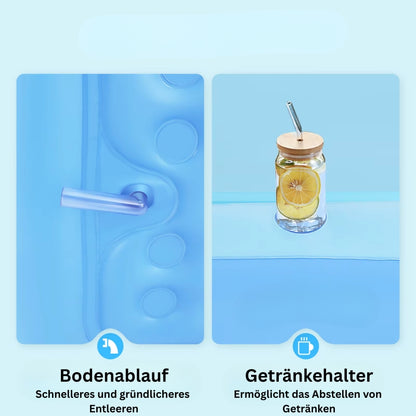 Badewanne mit praktischem Bodenablauf für schnelles Entleeren und integriertem Getränkehalter.