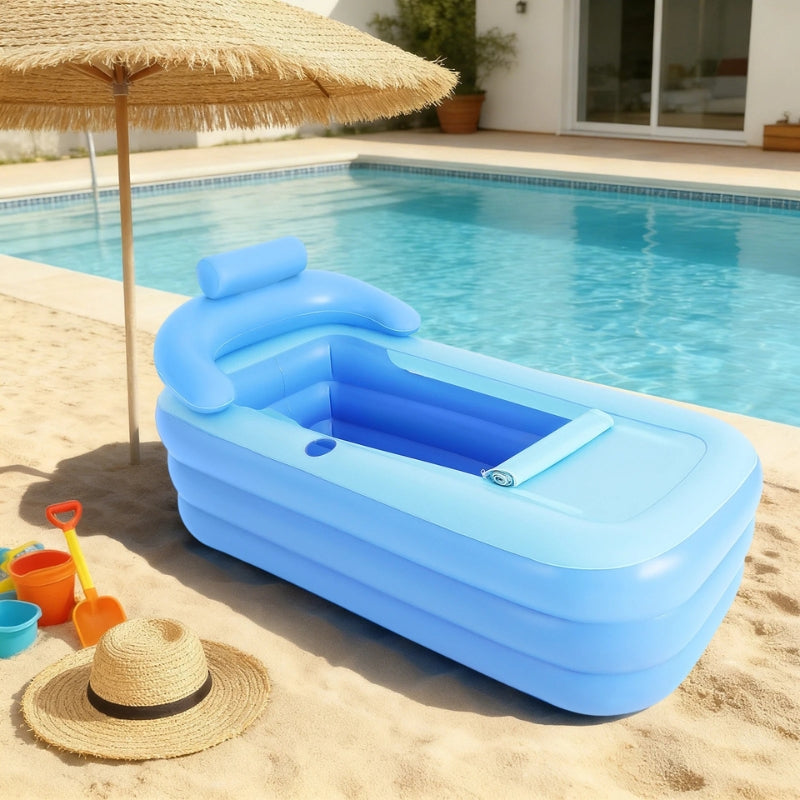 Aufblasbare Badewanne für Erwachsene mit ergonomischer Rückenlehne und Kopfstütze für entspannende Badeerlebnisse.