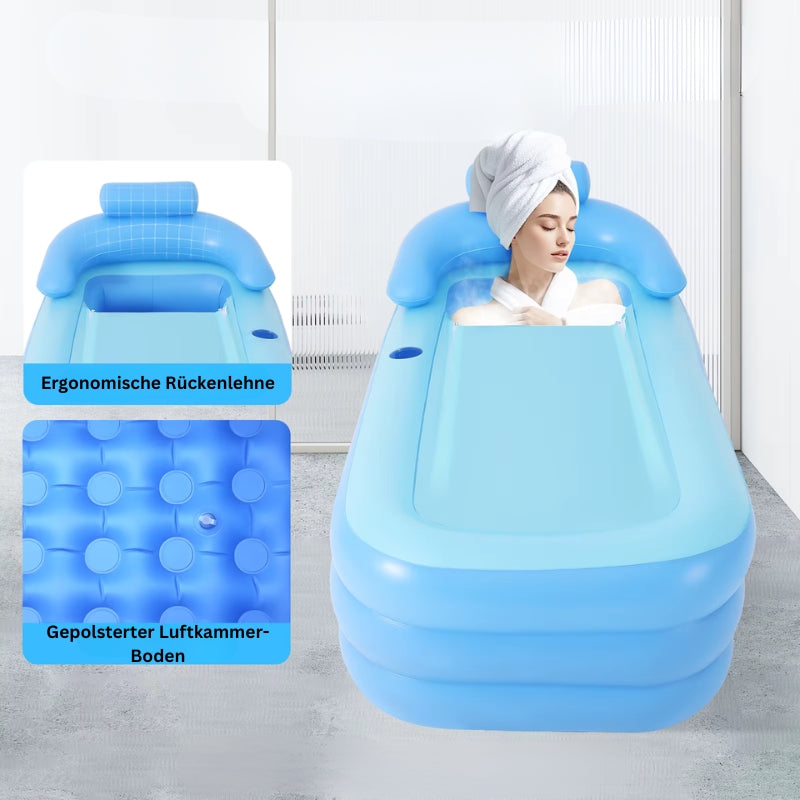 Aufblasbare Badewanne mit ergonomischer Rückenlehne und gepolstertem Luftkammer-Boden für hohen Komfort.