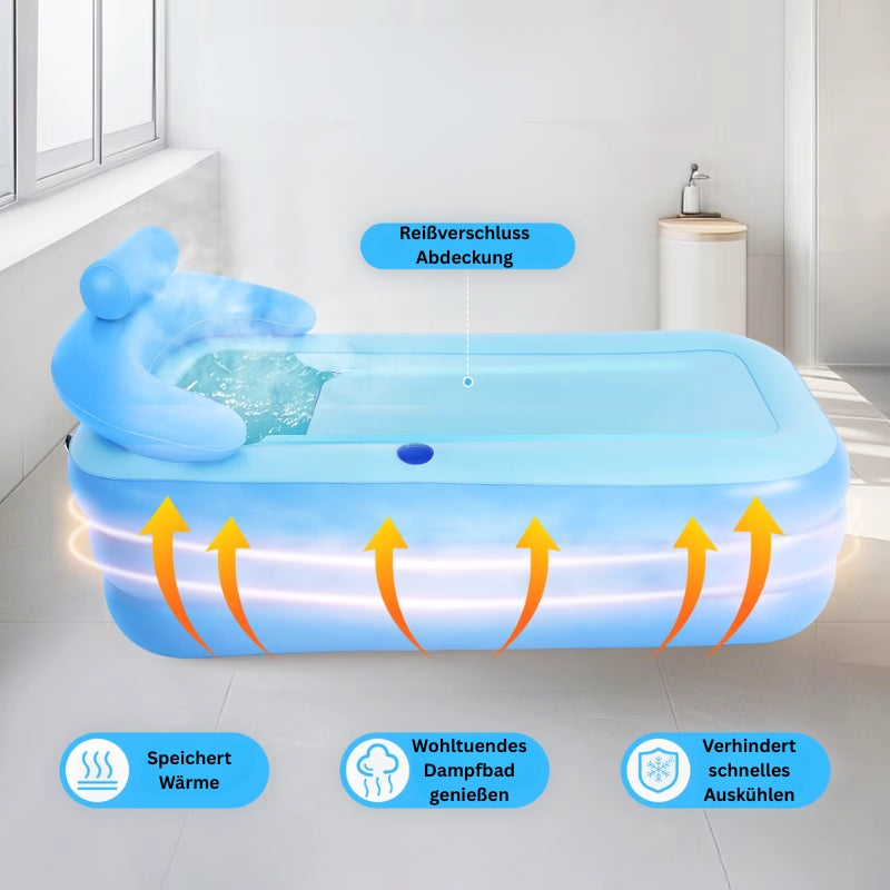 Aufblasbare Badewanne mit wärmespeichernder Konstruktion zur längeren Erhaltung der Wassertemperatur.