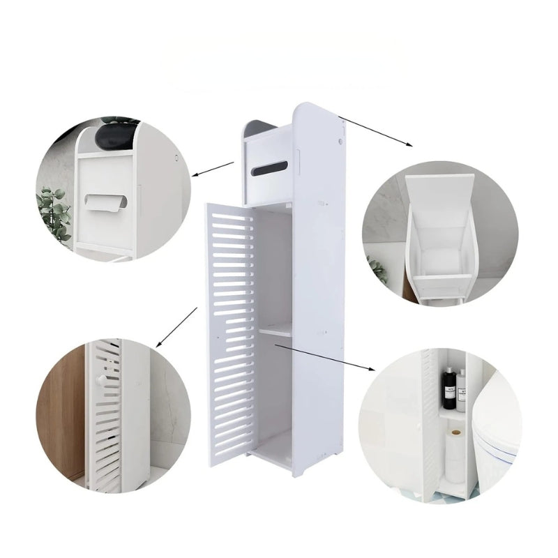 Übersicht: schmaler weißer Badschrank mit Lamellentür, integrierter WC-Rollenhalter und Stauraumfächern, Detailansichten zeigen Aufbau und Innenraum.