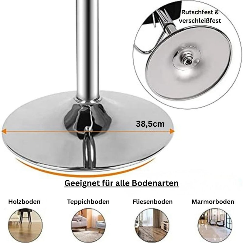 Runder Standfuß mit 38,5 cm Durchmesser – rutschfest, kratzfrei und geeignet für alle Bodenarten.