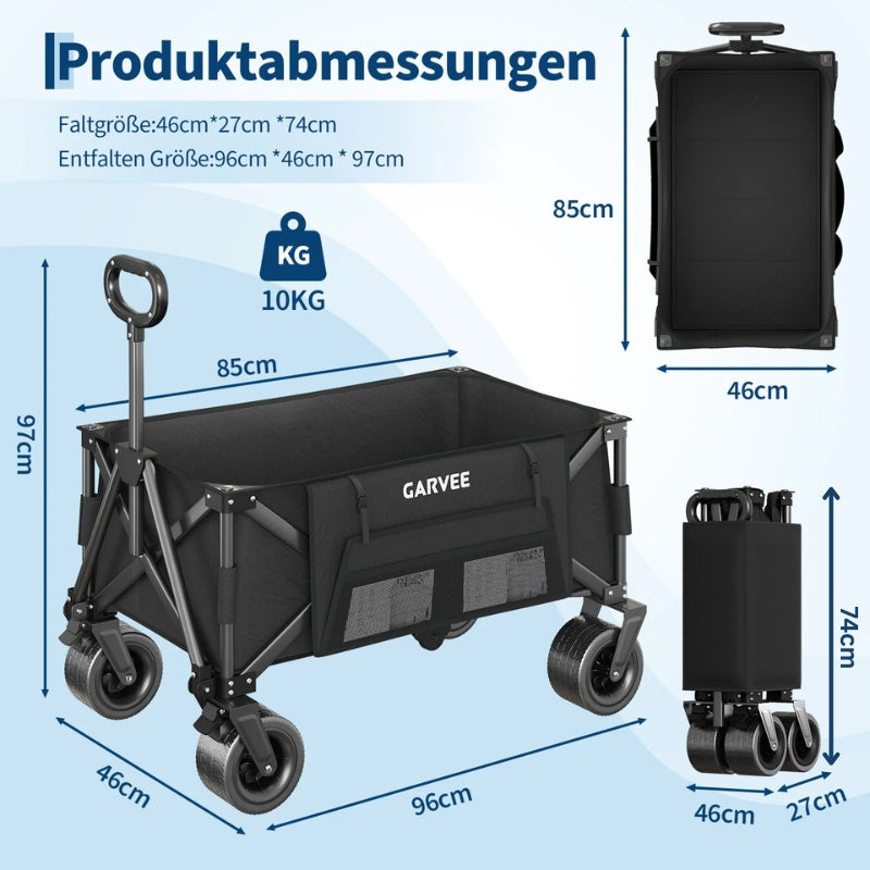 Faltbarer Bollerwagen mit kompakten Maßen und einfachem Zusammenklappen für Transport und Lagerung.