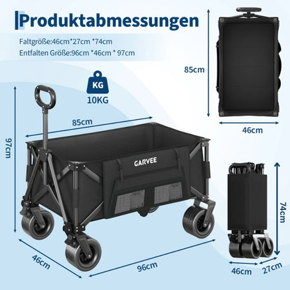 Faltbarer Bollerwagen mit kompakten Maßen und einfachem Zusammenklappen für Transport und Lagerung.
