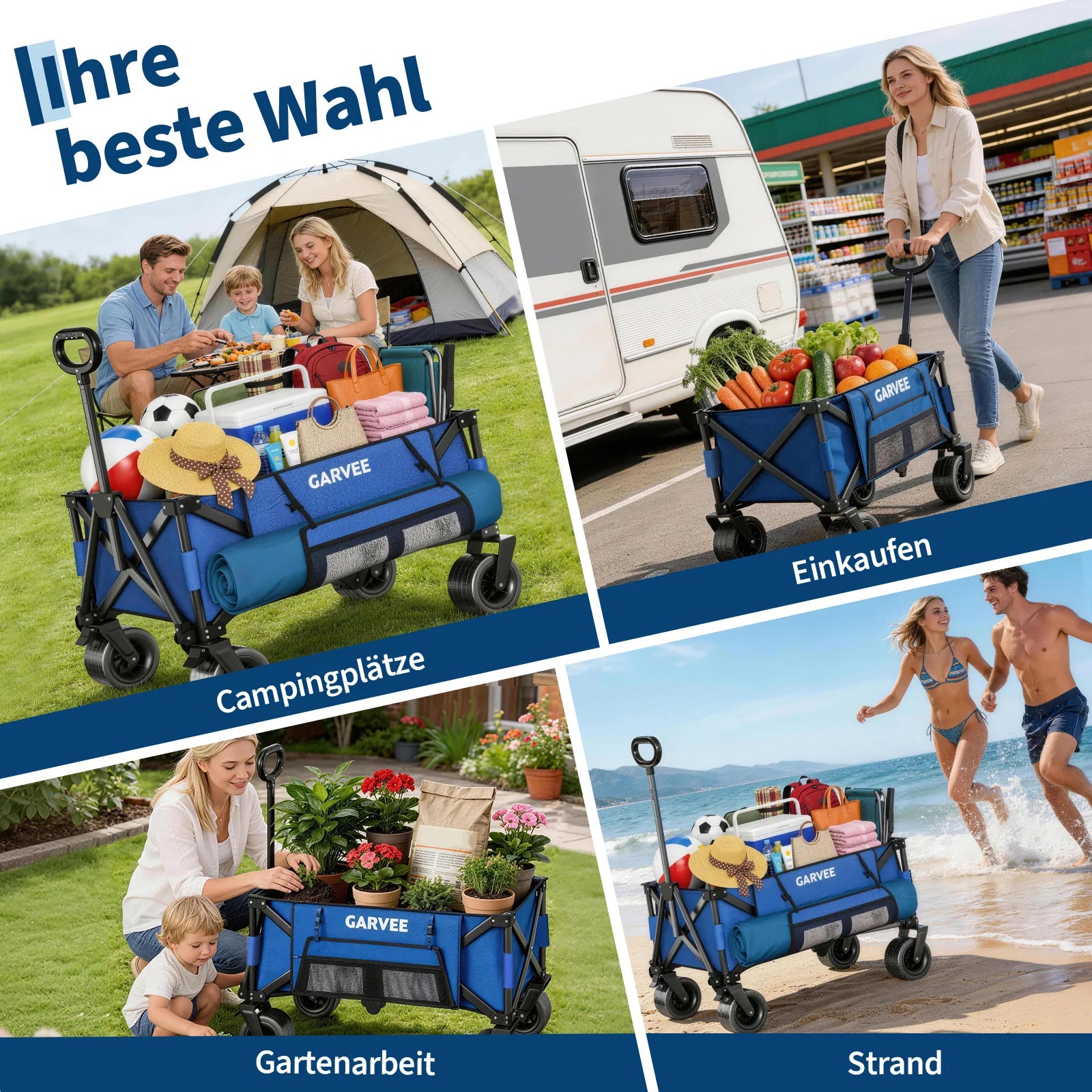 Bollerwagen im Einsatz für Camping, Einkaufen, Gartenarbeit und Strandtransport.