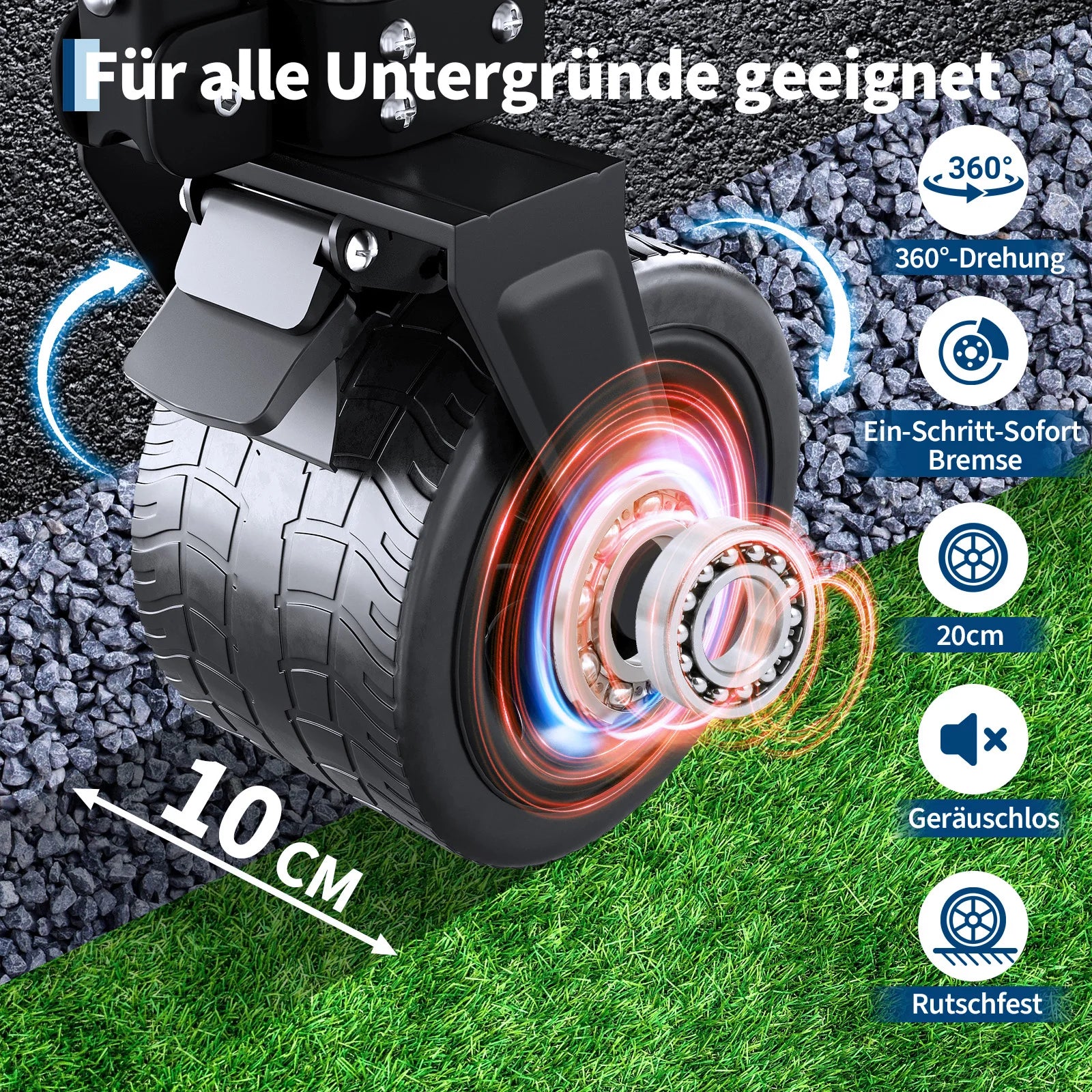 Bollerwagen mit 360 Grad drehbaren Rädern, Bremssystem und rutschfestem Profil.