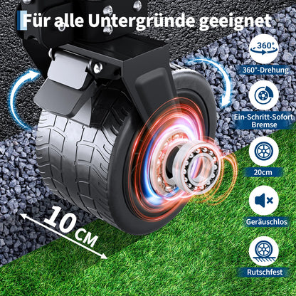 Bollerwagen mit 360 Grad drehbaren Rädern, Bremssystem und rutschfestem Profil.