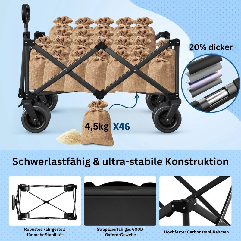 Schwerlast Bollerwagen mit stabiler Konstruktion aus 600D Oxford-Gewebe und robustem Stahlrahmen.