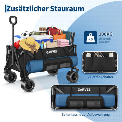 Bollerwagen mit zusätzlichem Stauraum, Seitentaschen und integrierten Getränkehaltern.