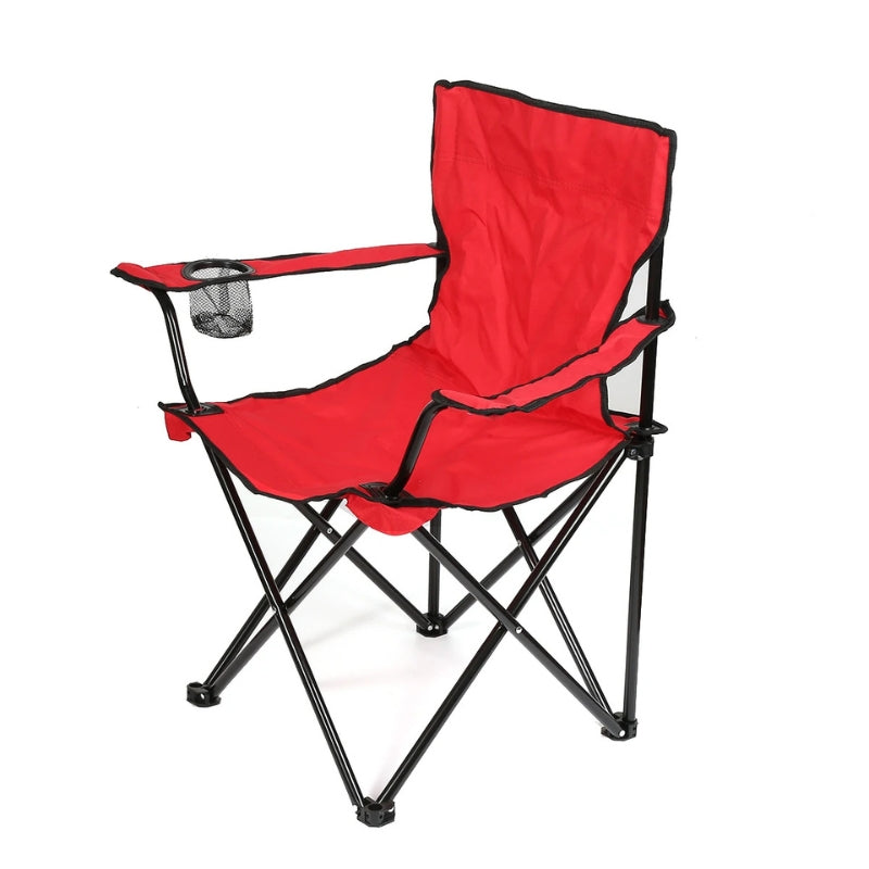 Roter Campingstuhl mit komfortabler Sitzfläche und integriertem Getränkehalter.