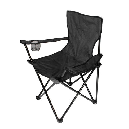 Schwarzer Campingstuhl mit stabilem Klappgestell und Getränkehalter.