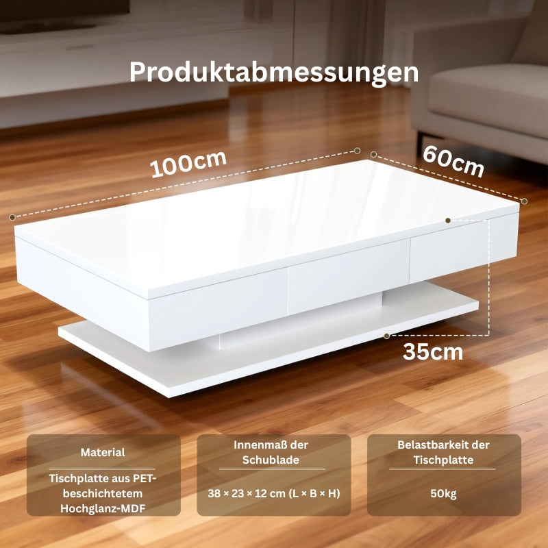 Produktabmessungen des weißen Couchtisches: 100 cm Länge, 60 cm Breite, 35 cm Höhe – übersichtlich dargestellt.