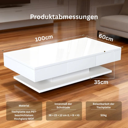 Produktabmessungen des weißen Couchtisches: 100 cm Länge, 60 cm Breite, 35 cm Höhe – übersichtlich dargestellt.