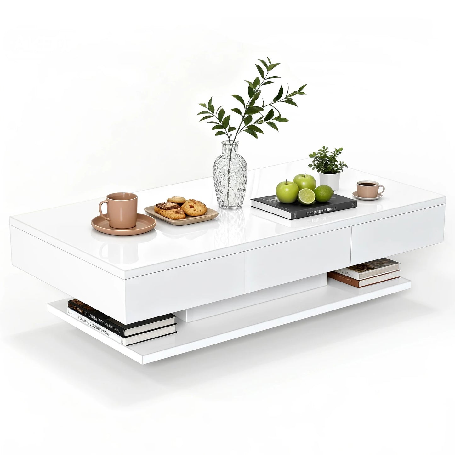 Moderner Couchtisch in Weiß mit Hochglanz-Oberfläche, 2 Schubladen und offenem Ablagefach – freigestellt auf weißem Hintergrund.