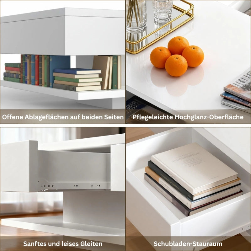 Offene Ablageflächen auf beiden Seiten des weißen Couchtisches – ideal für Bücher und Dekoration.