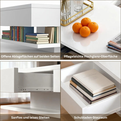 Offene Ablageflächen auf beiden Seiten des weißen Couchtisches – ideal für Bücher und Dekoration.