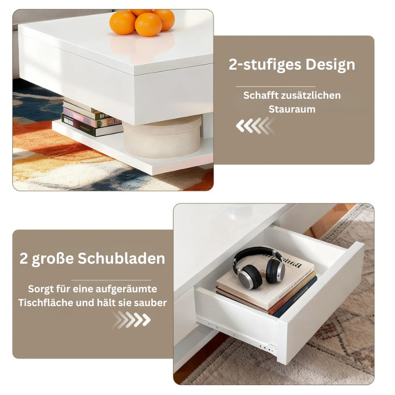 Detailansicht der Schublade mit sanftem und leisem Gleitsystem beim weißen Couchtisch.