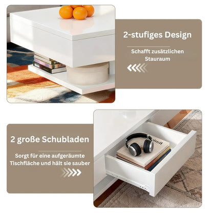 Detailansicht der Schublade mit sanftem und leisem Gleitsystem beim weißen Couchtisch.