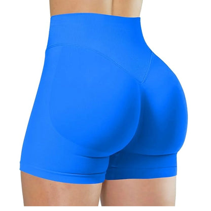 Damen High-Waist Yoga Shorts in Blau – elastische und figurbetonte Fitness Shorts für Training, Laufen und Workout.