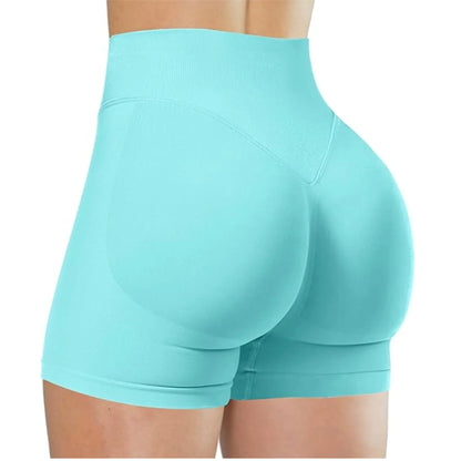 Damen High-Waist Yoga Shorts in Türkis – elastische und figurbetonte Fitness Shorts für Training, Laufen und Workout.