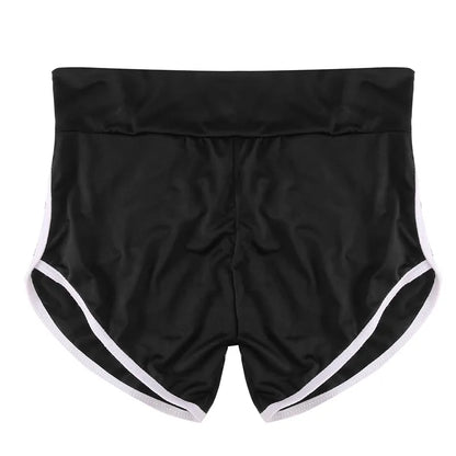 Schwarze Damen Sport Shorts mit weißem Saum als Freisteller.