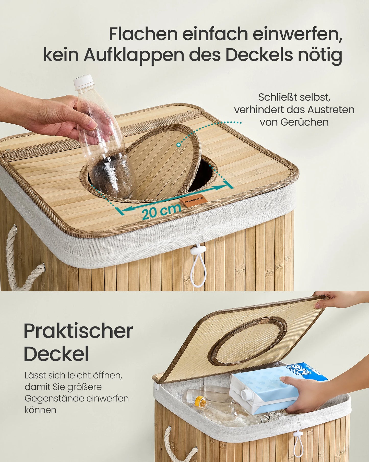 Infografik: Flaschen durch selbstschließende Einwurföffnung einwerfen; Deckel aufklappbar für größere Gegenstände