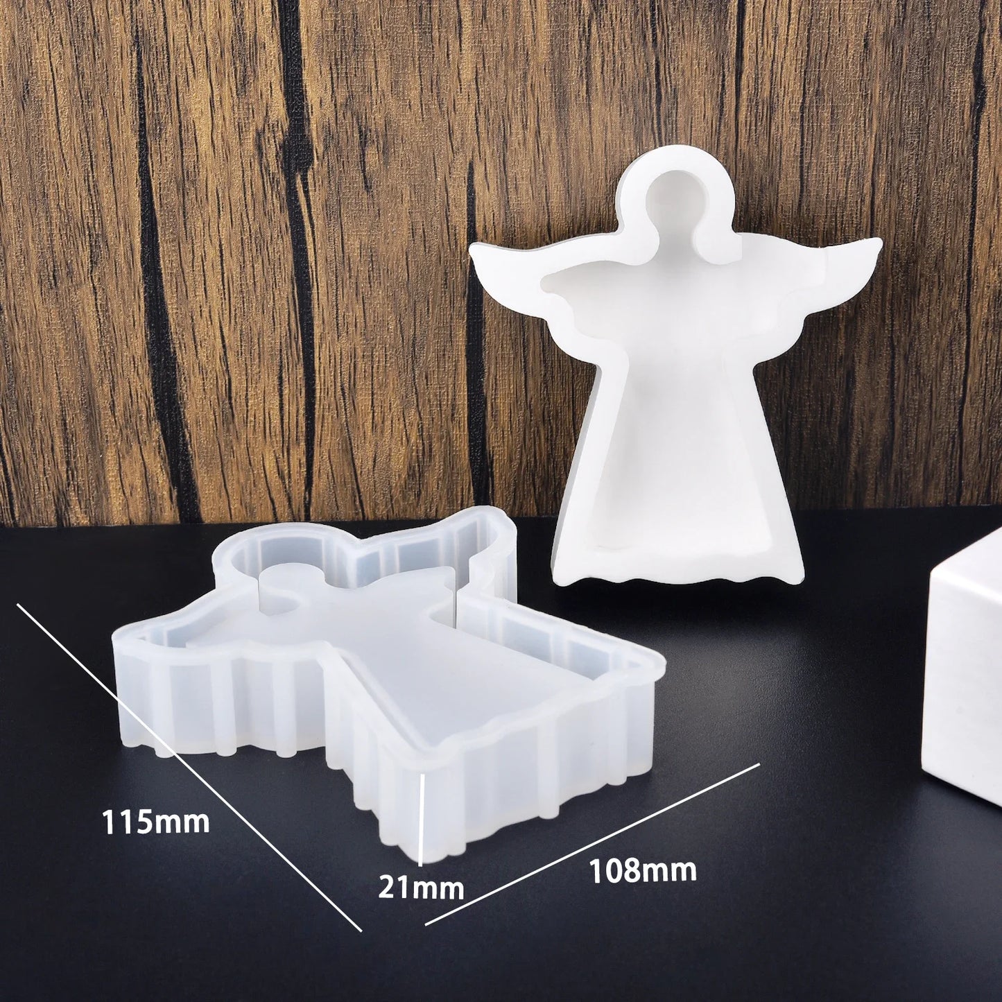 Silikonform Engel Rückansicht mit Maßangaben und Tiefe 21 mm