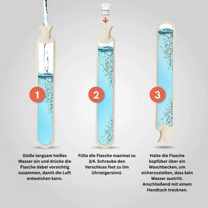 Anleitung zum Befüllen der extra langen Wärmflasche in 3 Schritten (Wasser einfüllen, verschließen, Dichtigkeit prüfen).
