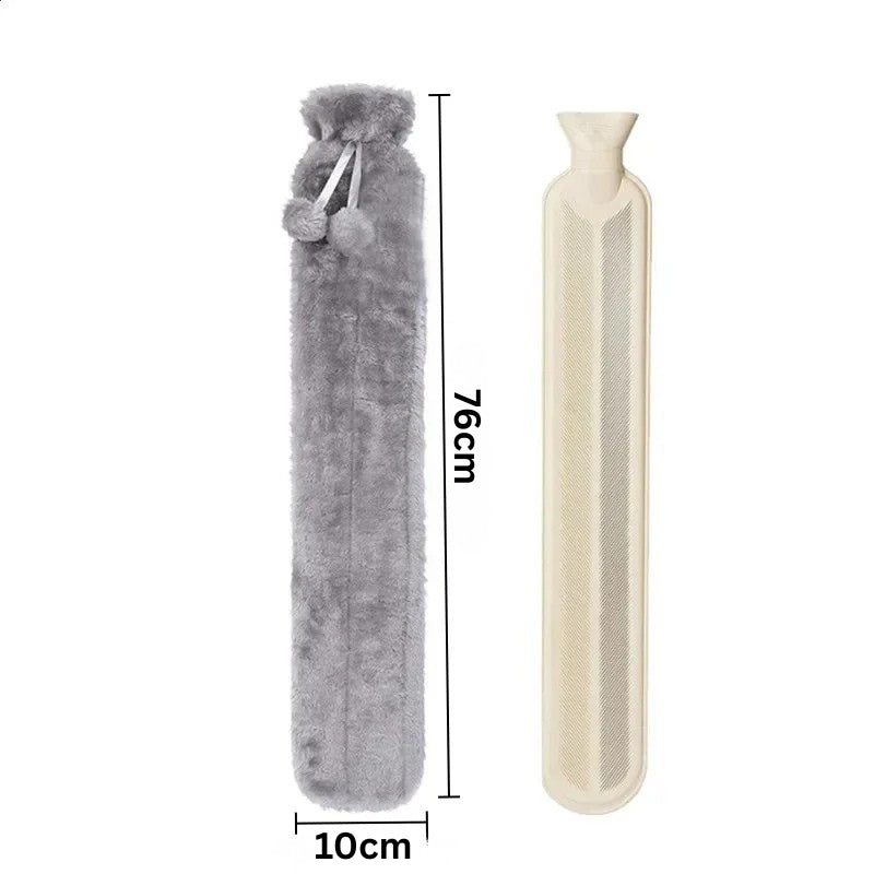 Maßgrafik: extra lange Wärmflasche 76 cm Länge und 10 cm Breite – grauer Plüschbezug mit Innenflasche.
