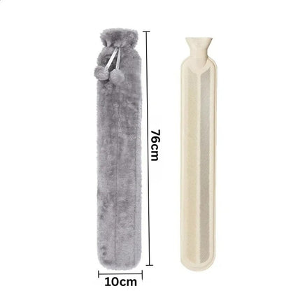 Maßgrafik: extra lange Wärmflasche 76 cm Länge und 10 cm Breite – grauer Plüschbezug mit Innenflasche.
