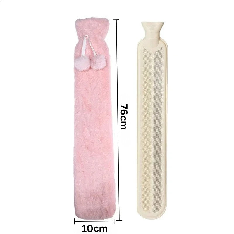 Maßgrafik: extra lange Wärmflasche 76 cm Länge und 10 cm Breite – pinker Plüschbezug mit Innenflasche.