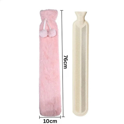 Maßgrafik: extra lange Wärmflasche 76 cm Länge und 10 cm Breite – pinker Plüschbezug mit Innenflasche.