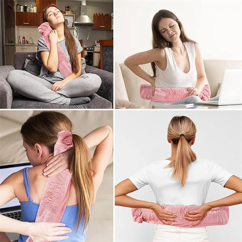 Collage: extra lange Wärmflasche in Pink bei der Anwendung an Nacken, Rücken und Bauch im Sitzen und Liegen.