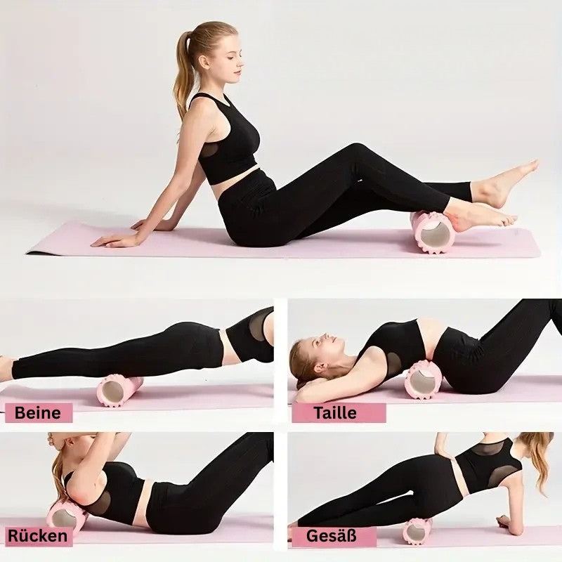 Foamroller-Übungen auf Yogamatte: Anwendung für Beine, Taille, Rücken und Gesäß.