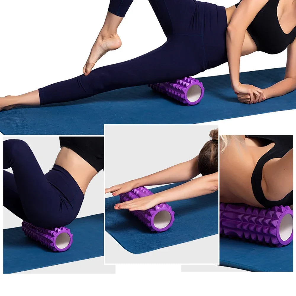 Foamroller-Anwendung: mehrere Übungen für Beine, Gesäß und Rücken auf Yogamatte.