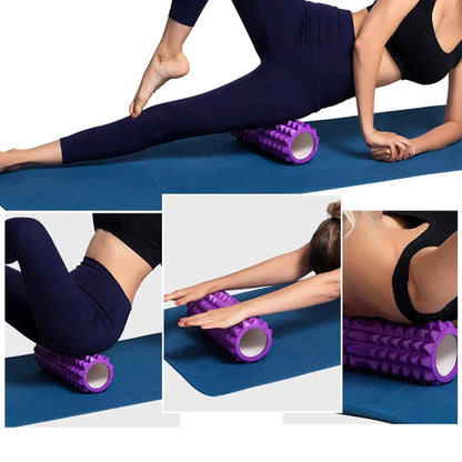 Foamroller-Anwendung: mehrere Übungen für Beine, Gesäß und Rücken auf Yogamatte.