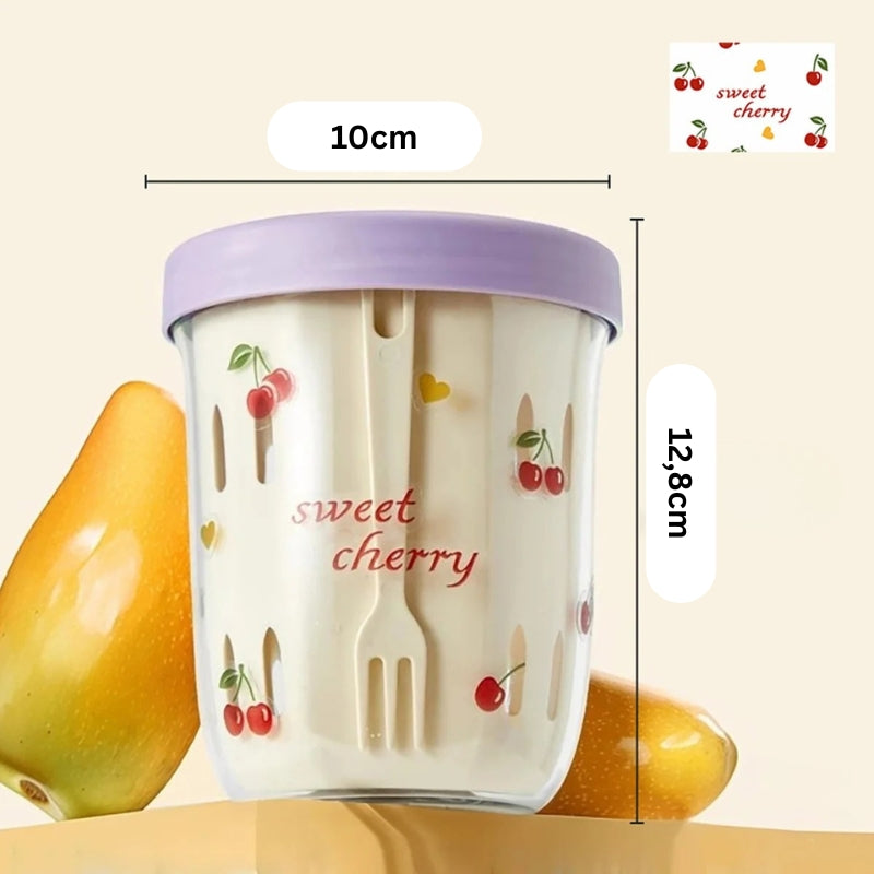 Frühstücksbecher mit Sweet-Cherry-Design in Lila – Maßgrafik mit 10 cm Durchmesser und 12,8 cm Höhe.
