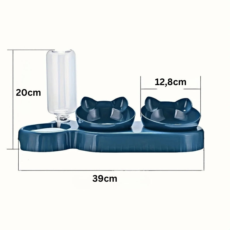 Doppelter Katzennapf mit Wasserflasche und Maßen 39 cm x 20 cm x 12,8 cm