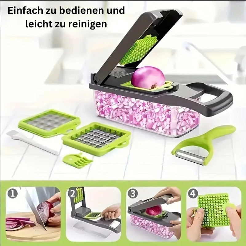 Einfach zu bedienender Gemüseschneider mit Würfelklinge und leicht zu reinigenden Einzelteilen.