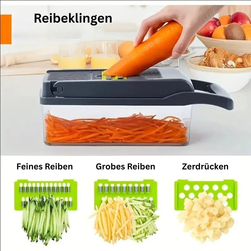 Gemüseschneider mit feiner und grober Reibeklinge sowie Zerkleinerungsfunktion.